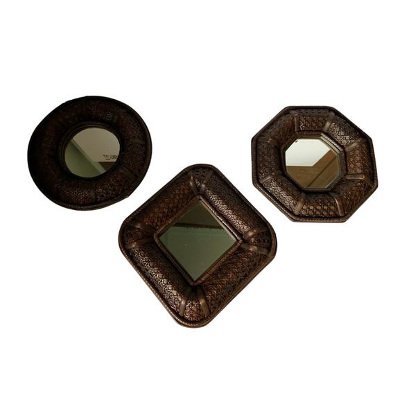 Vintage 3 Rattan Vintage Galley Mirrors 10” Dark Brown Coastal Beach Boho - Picture 2 of 7